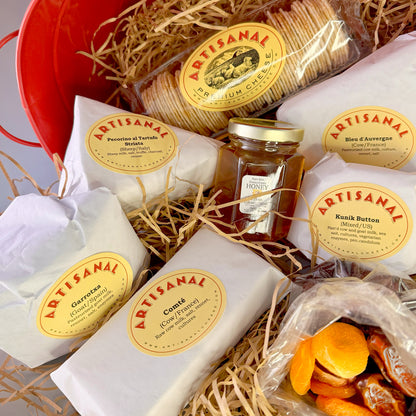 Artisanal Cheese gift basket - Classic Red Tin Collection wrapped cheeses